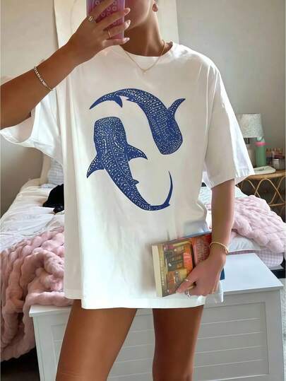 1pc Women's Clothing Whale Shark Print White TShirt, Shirts, White Top, Graphic Tees Women, Unisex Casual Crew Neck Tshirt, Lightweight 220gsm Knit Fabric, Machine Washable, For Spring/Summer/Fall Valentine's Day Christmas Independence Day
