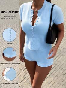 2pcs Women Short Sleeve Round Neck Multi-Button Knit Cardigan Top Paired With Elastic Waist Fitted Shorts, Casual Spring Outfit - Blue - View 3