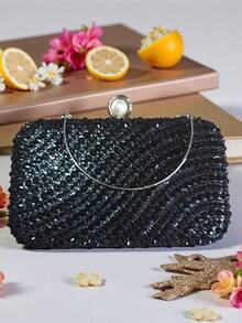 Handbags, Evening Bags, Bags With Rhinestones And Pearls, Removable Chain Shoulder Straps. - Black - View 1