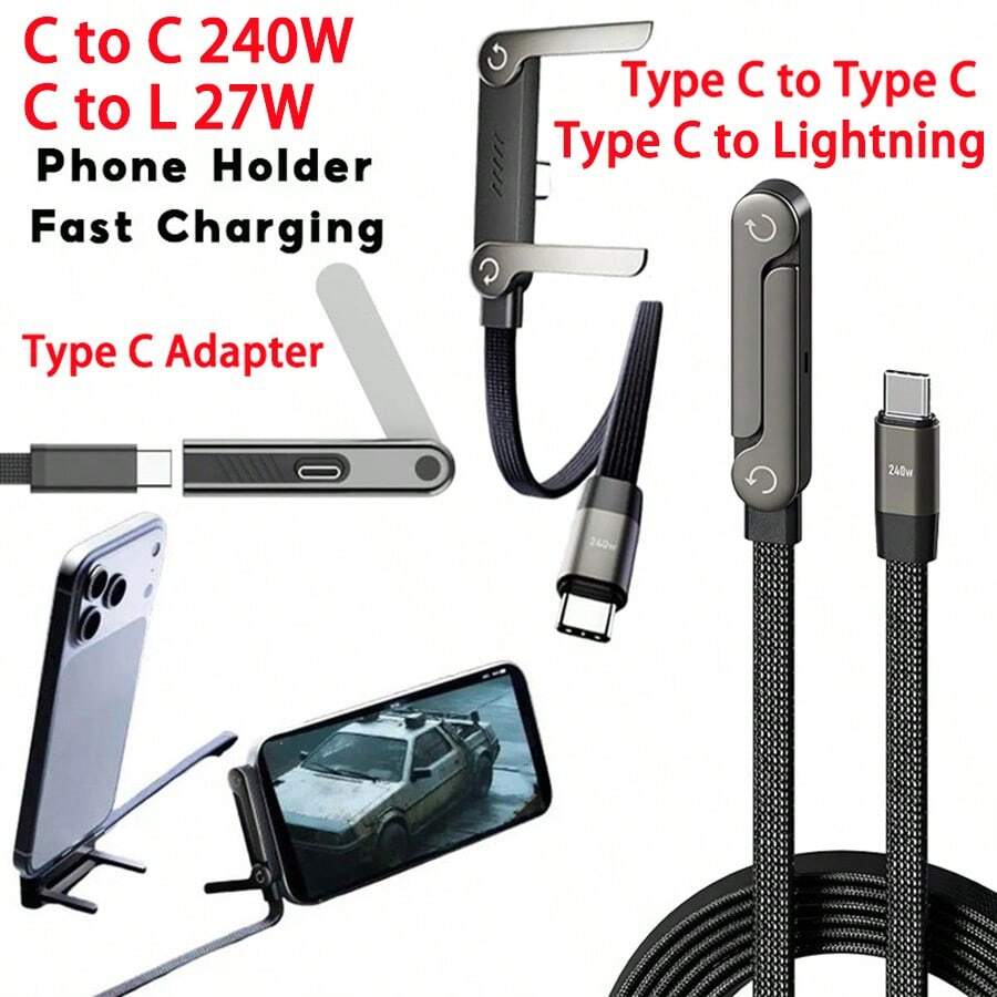 Cable de carga rápida tipo C de 240W con soporte para teléfono y cable de carga para juegos compatible con iPhone 17, 17 Pro Max, 16, 16 Plus, 16 Pro, 16 Pro Max, compatible con Redmi, compatible con cargador de viaje OnePlus