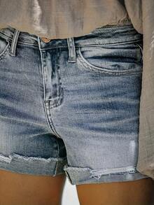 Women's Summer Solid Color Ripped Pocket Button Denim Shorts Casual - Medium Blue - View 2