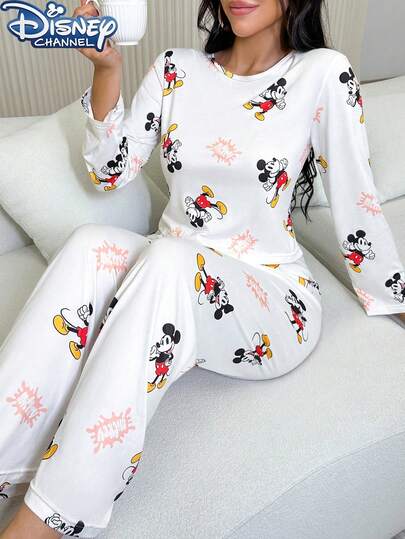 Disney Bộ đồ ngủ hoạt hình dễ thương 2 món dành cho nữ, gồm 1 áo dài tay cổ tròn in họa tiết toàn thân và 1 quần, kiểu dáng rộng rãi thoải mái, thích hợp cho mùa xuân, hè và thu.