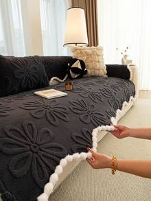 1pc Washable Anti-Slip Sofa Cover, Fits 3-Seat L-Shaped Sofa, With Quilted Design & Magnetic Fasteners, Fluffy Grey Sofa Protector - Dark Grey - View 3