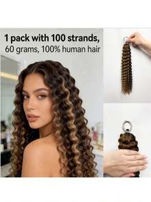 Tóc móc sợi tự nhiên, dài 16 inch, 60g, 100 sợi, kiểu sóng sâu, đã được tách sẵn, kiểu tóc móc sợi lông vũ, tóc nối móc sợi sóng sâu, màu mật ong. - S4/30 - Xem 3