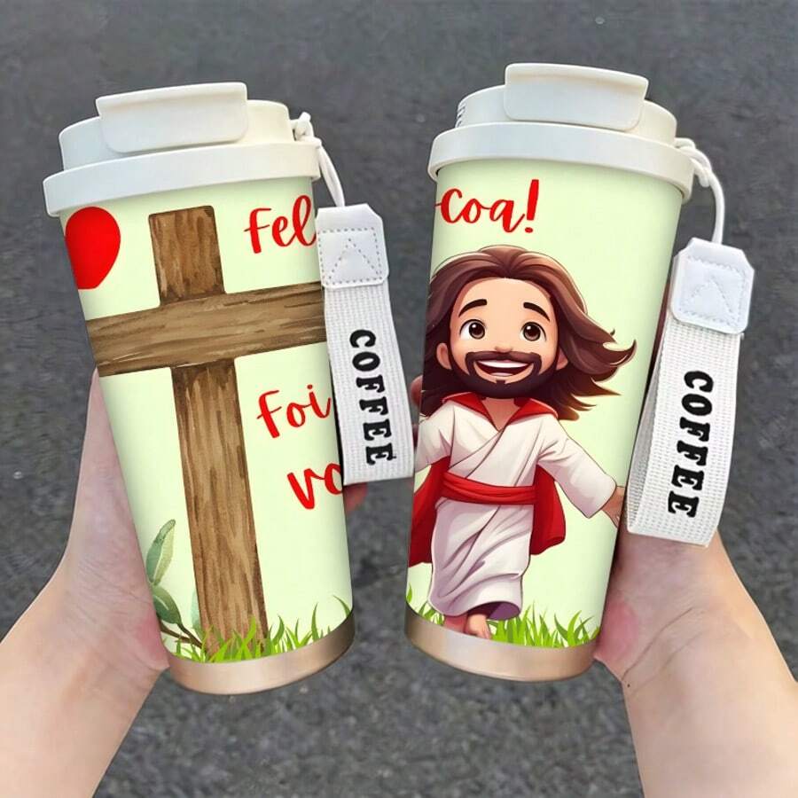 1pc/5pcs 500ml Feliz Foi Viva Jesus Cartoon 17oz Insulated Travel Mug With Strap - Christian Faith Travel Cup, Suitable For Religious Gifts, Church And Daily Use