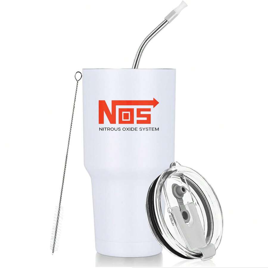 30oz Stainless Steel Tumbler Black White Options,  Nitrous Oxide System Logo Print Graphic Cups, Insulated Travel Coffee Mug With Lid And Straw , Double Wall Vacuum Reusable Travel Cups, Funny Birthday Party Gift For Women & Men - 白色 - 查看 1