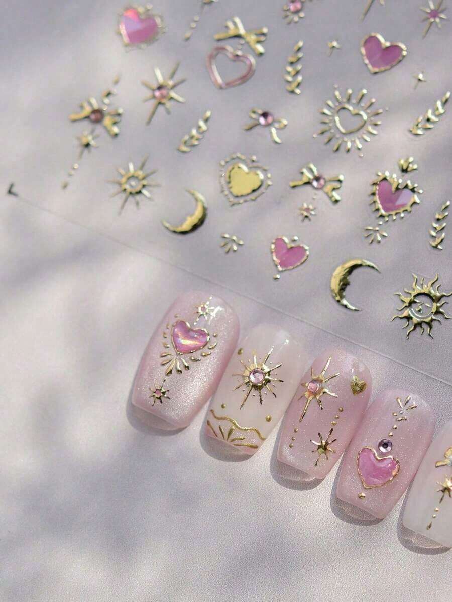 1pc Gold Totem Pink Heart Nail Art Stickers, Holographic Nail Decals, Nail Art Design, Rhinestones, 5D Self-Adhesive, Nail Accessories Women, Aesthetic Nail Art - 彩色 - 查看 1