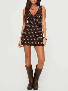 Women Dresses, Sleeveless V Neck Dot Print Casual Club Party High Waist Drawstring Dresses - Marrón - Ver 6