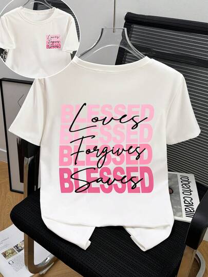 Plus Size Women Summer Casual Solid Color Loose Gradient Letter Print Tee Shirt