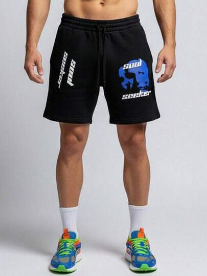 男士印花抽绳腰短裤，宽松透气薄款休闲5英寸跑步健身短裤，夏季运动弹力腰休闲短裤