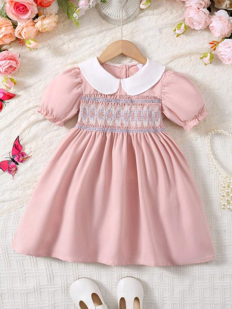 Robe d'été pour filles, robe de princesse chic à col claudine, manches bouffantes, style smock et patchwork pour enfants. Robe décontractée à demi-cardigan boutonnée pour filles de 4 à 7 ans, idéale pour le port quotidien. - Rose bonbon - Voir 11