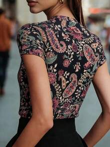 Áo dệt kim in hoa phong cách retro thời trang mới về, đa năng, thích hợp mặc hàng ngày cho nữ, cổ tròn, co giãn, ôm sát, kiểu dáng casual. - Nhiều màu - Xem 4