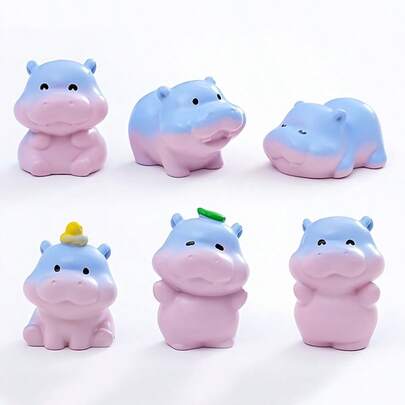 6pcs Micro Landscape Sculpture Figurines - Cute Resin Hippopotamus Statue, Fairy Garden Animal Decor, Accessory, Car/Desktop/Computer Desk Miniature Ornaments, Micro Landscape