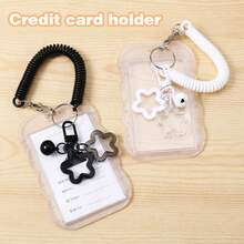 1 pieza Llavero con portafoto, Llavero con portafoto transparente de onda estrellada, Protector de tarjeta de foto creativo para tarjetas de identificación, de estudiante, etc. - Tarjetero transparente ondulado + cordón de resorte - Ver 5