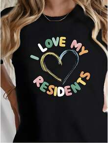 1 Stück Damen T-Shirt aus reiner Baumwolle, ein herzerwärmender und lässiger Stil für Pflegepersonal, mit dem Aufdruck "Ich liebe meine Bewohner" + exquisites handgemaltes Herzdesign, erhältlich in mehreren Farben (Grün/Gelb/Pink/Orange/Weiß/Blau), klassischer Rundhalsausschnitt, kurze Ärmel, weich und bequem, Größen S-2XL, geeignet für Pflegepersonal in Pflegeheimen, ideal für den Alltag/Gemeinschaftsaktivitäten, ein Muss für Frühling und Sommer. - Schwarz - Übersicht 9