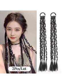 2pcs Fashionable Colorblock Elastic Braided Hair Bands, Ponytail Hair Extensions, Rainbow Color Hair Ties, Boxer Braid Synthetic Hair Extensions, Ombre Hair Scrunchies, Suitable For Women, Girls And Kids For Daily And Party Decor, Length 45cm - Multicolor - View 13