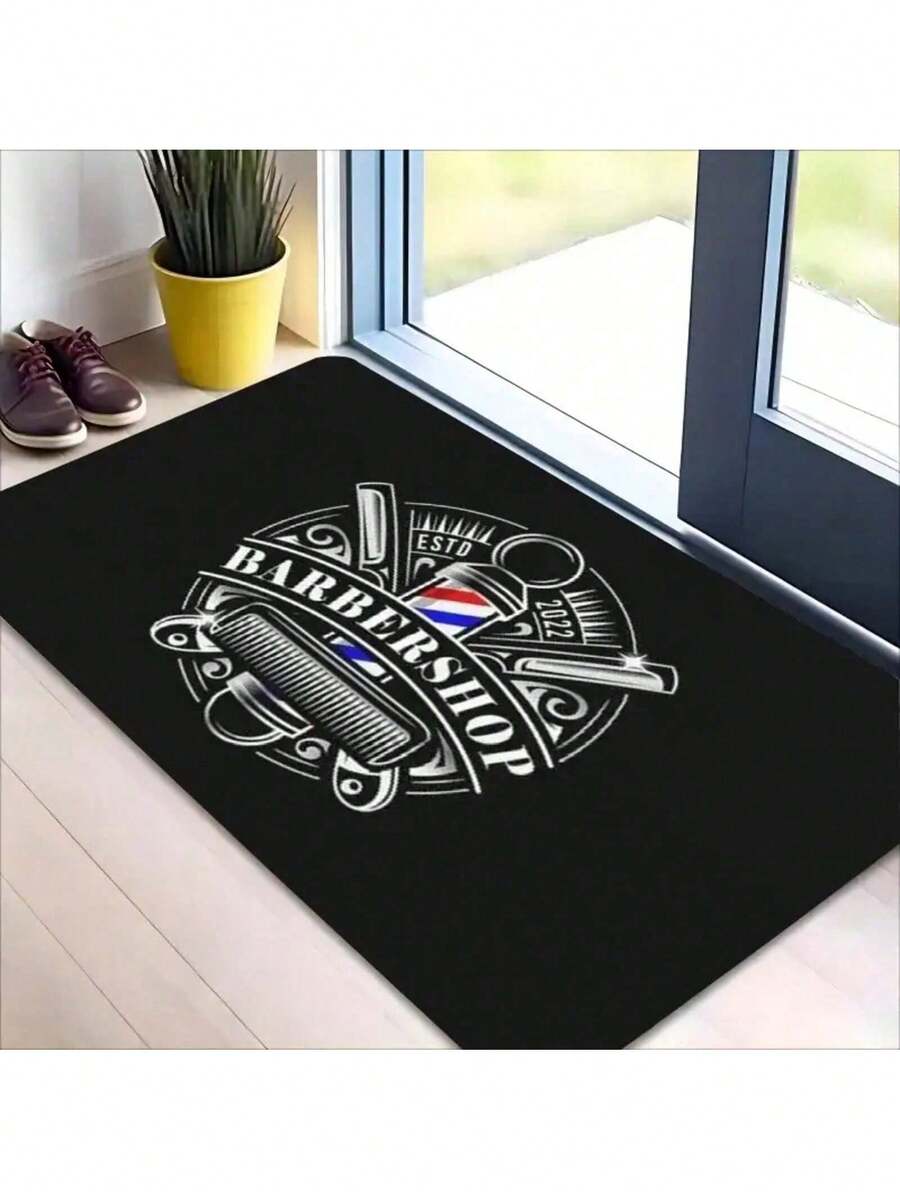 1 Flannel Doormat, Barber Shop Neon Comb Letter Print, 1.0cm Thick, High-Quality Floor Mat, Welcome Mat, Suitable For Kitchen, Hallway, Living Room, Bedroom And Laundry Room - Easy To Clean, Durable, Long-Lasting, Available For Christmas, Halloween, Easter, Thanksgiving, Easter - 黑色 - 查看 1