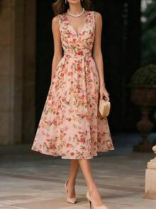 Plus Size Women's Ruched Waist Floral Print A-Line Dress, Elegant For Dates, Commuting And Outings, Spring/Summer - Multicolor - View 1