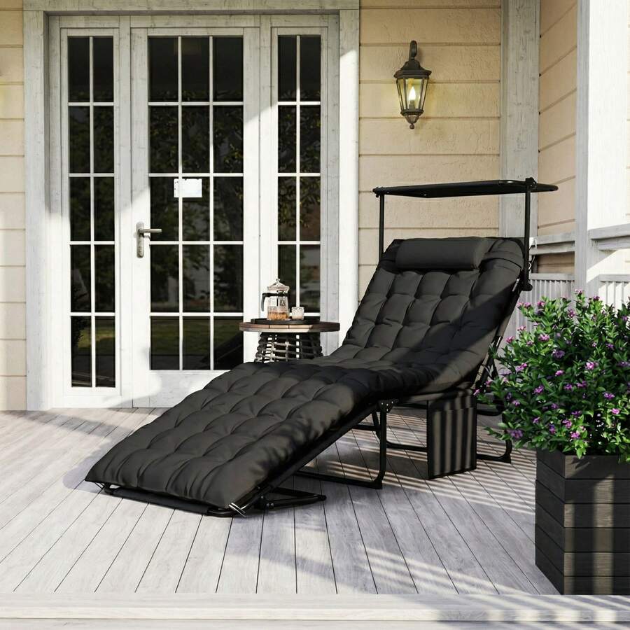 Outsunny Folding Chaise Lounge Chair With Cushion And Adjustable Sun Shade, 4-Position Adjustable Outdoor Lounge Chair With Headrest, Sun Lounger With Cushion For Porch, Black - 黑色 - 查看 1