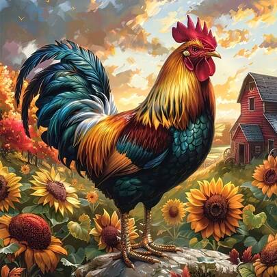 1件装DIY雄鸡向日葵5D钻石画套装，尺寸可选：[30*30厘米/11.8*11.8英寸] [40*40厘米/15.7*15.7英寸]，适合成人初学者，DIY马赛克钻石画，全钻手工制作，可作客厅、卧室、办公室墙面装饰，也可作为惊喜礼物送给家人和朋友，无框。