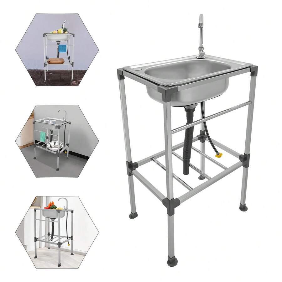Einzelbecken-Küchenspüle, Edelstahl-Küchenspüle, Multifunktionswaschbecken mit Armatur, freistehende Spüle, für Garagen im Innen- und Außenbereich, Gartengrill (Kaltwasseranschluss) - Silber - Übersicht 1