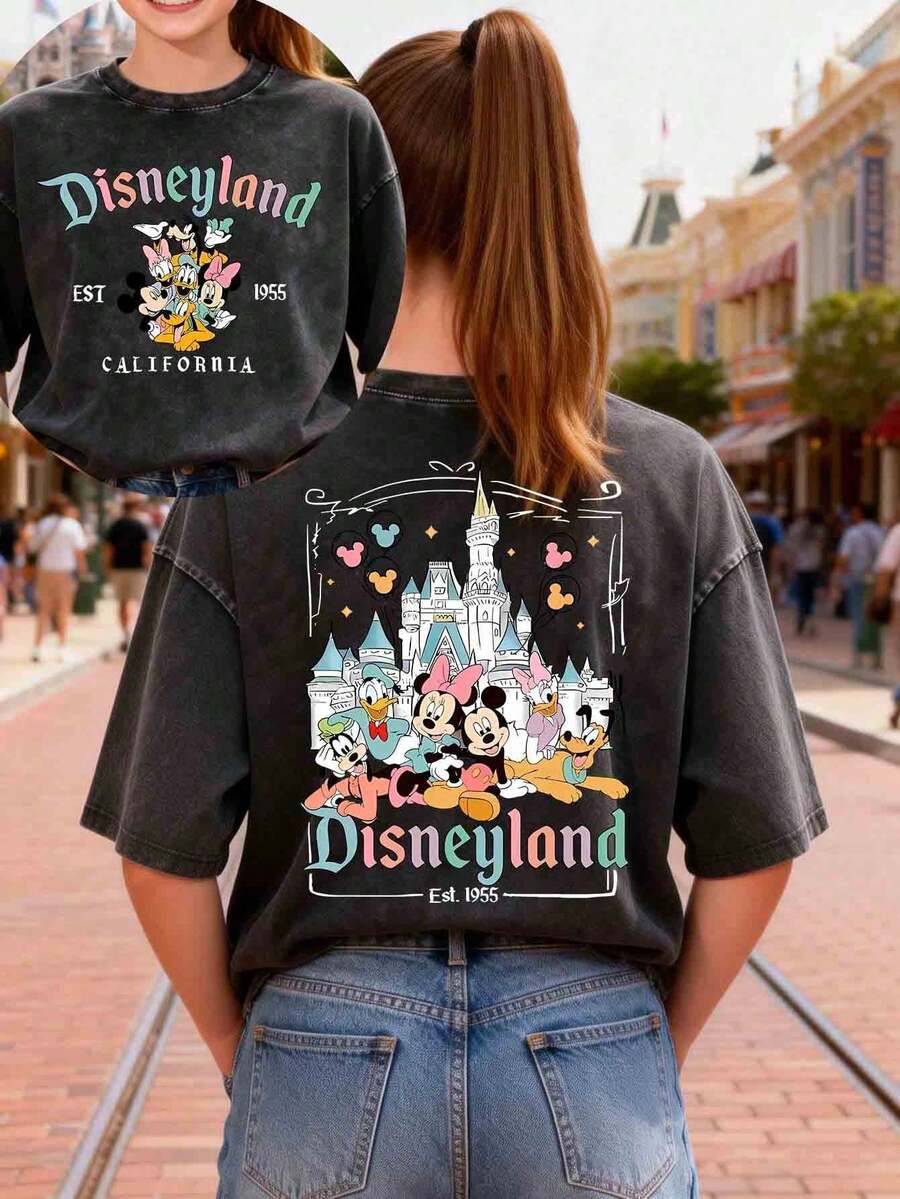 This Disney Women's T-Shirt Features A CreativeDouble-Sided Print Of Mickey Mouse And His Friends'Lettering And Cartoon Designs. It's A Spring/SummerStyle Crew Neck Retro Washed Cotton T-Shirt, Made OfSoft And Comfortable Pure Cotton Fabric, Suitable ForEveryday Wear, Shopping, Travel, And CasualOccasions. It Also Makes A Wonderful Gift - Black - View 1