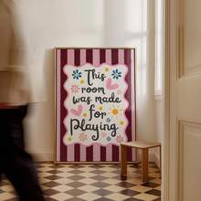 1pc This Room Is Designed For Play Wall Art Print On Canvas, Vintage Striped Poster, Colorful Home Decor Suitable For Bedroom, Game Room, Gift For New Parents And Kids, Unframed Or Framed - Text 2 - View 3