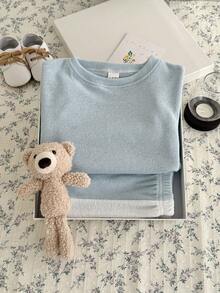 2 st/set baby pojke/flickor mjuk blå t-shirt och kontrastfärgade shorts, sommar - Babyblå - Visa 10