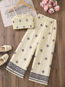 Left Mama Bộ đồ thể thao thường ngày cho bé gái gồm áo hai dây in họa tiết và quần ống đứng, đa năng cho trang phục hàng ngày, mùa hè. - trắng - Xem 2