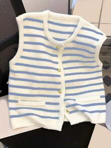 Spring/Summer New Women Sleeveless Striped Waistcoat Versatile Rejuvenating Layered Metal Button Knit Cardigan Vest - Blue Stripes - View 2