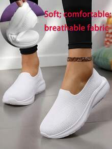 1 par de elegantes sapatos brancos para enfermeira, tênis casuais esportivos de tecido, cor sólida, sem cadarço, adequados para casa, escritório, primavera/outono. - Branco - Ver 2