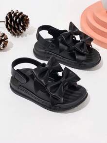 儿童时尚蝴蝶结平底凉鞋，学生魔术贴凉鞋 - 黑色 - 查看 3