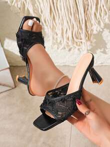 Women's Hollow Flower Decor Party Fashion Square Toe High Heel Sandals, Comfortable Breathable Mesh Slip-On Stilettos - Black - View 10