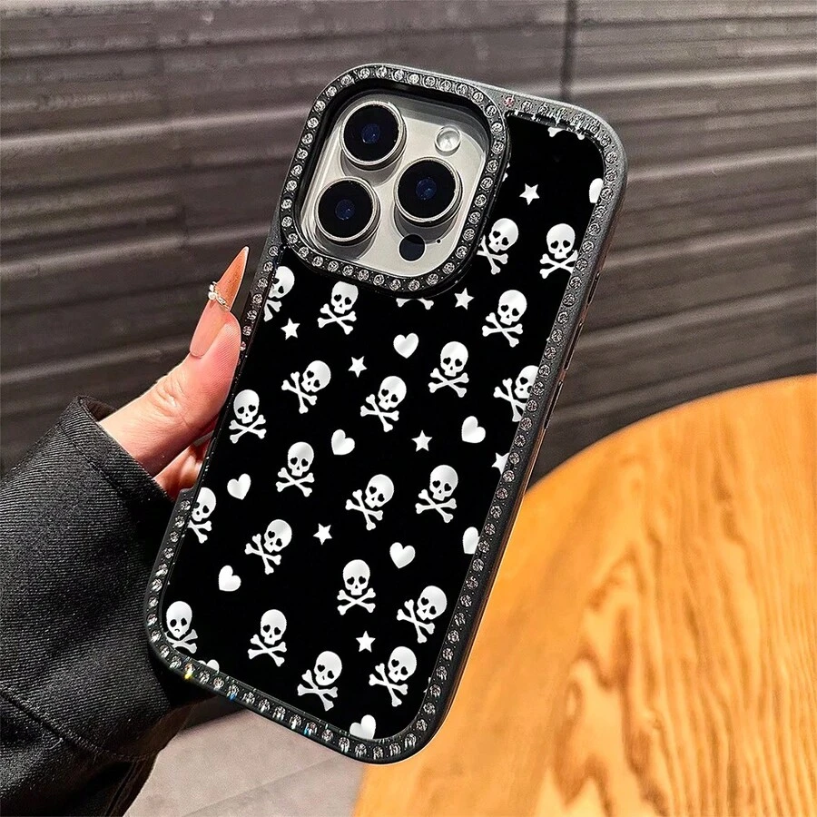Skull Heart Phone Case, Punk Style, Phone Case For IPhone 17 Pro Max 17 Air 17Pro 16 15 14 13 12 11 Pro Max, Goth Skull Gift, White Skull Design, Black Background Art, Rock And Roll Pattern, Skull Lover Present, Alternative Style Case - 黑色 - 查看 1
