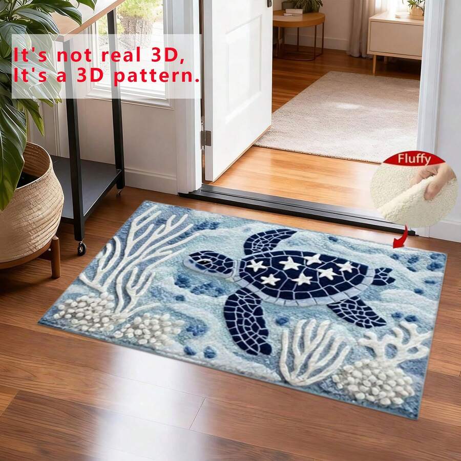 1pc Turtle Pattern Non-Slip Bath Mat, Bathroom Floor Mat, Bathroom Rug, Door Mat, Area Decor Rug, Printed Rug - Faux Cashmere Material, Blue & White Ocean Design, Machine Washable, Suitable For Bathroom, Kitchen And Holiday Decor, Ideal Gift, Bathroom Floor Mat - Turtle Pattern - View 1