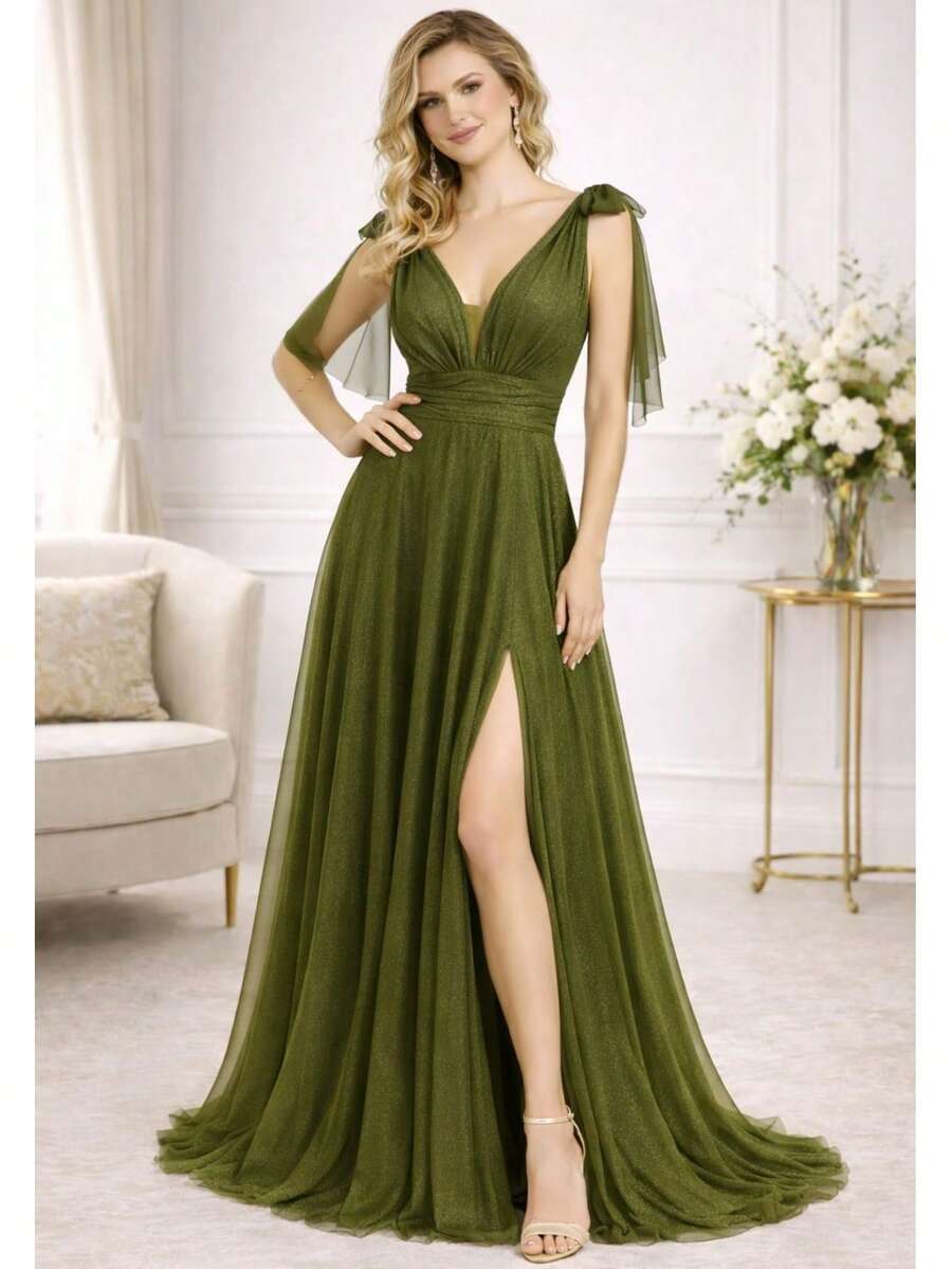 Sleeveless Dress For Bridesmaids, Mother Of The Bride, Graduations, With Tie Detail, All Sparkly. - 橄欖綠 - 查看 1