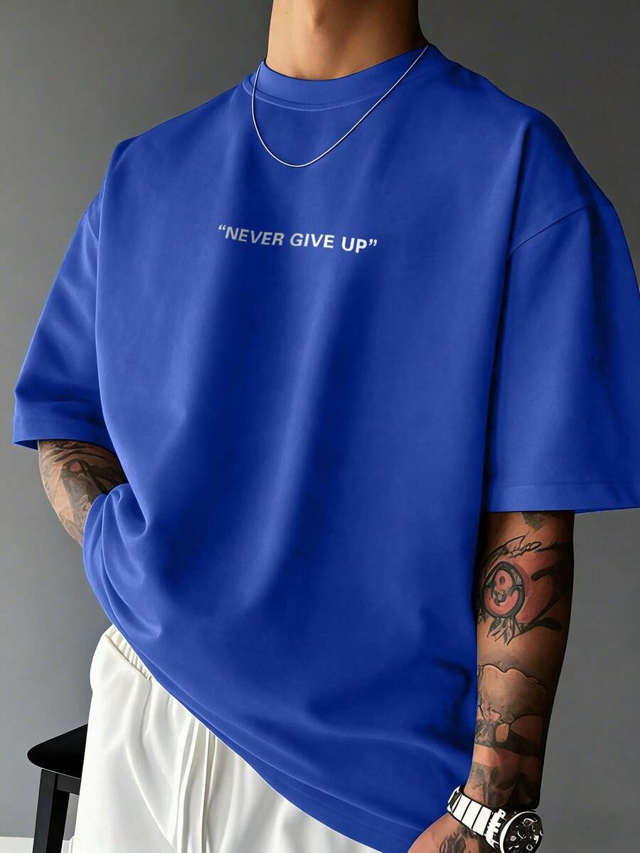 Kaos Pria Kasual Longgar Leher Bulat dengan Cetakan Slogan - Royal Blue - View 1