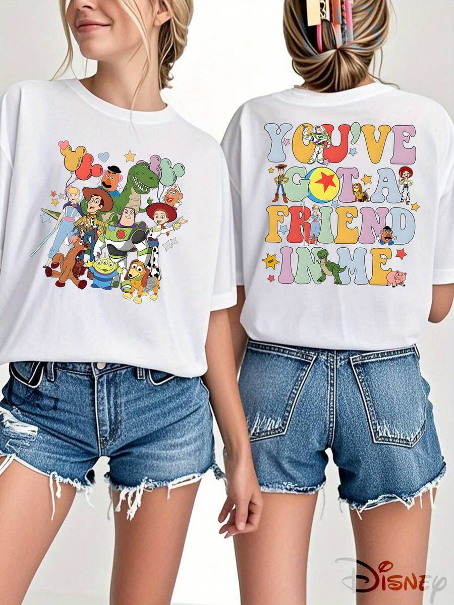 Disney Genuine Authorization, Toy Story Colorful And Rich Pattern Printed Ladies 100% Cotton T-Shirt-Creative Cartoon Printing, Breathable And Light Fabric, Regular Round Neck Summer Street Casual Shirt, Black And White Wild Disney Shirt, Holiday Gift, Unisex. - 白色 - 查看 1