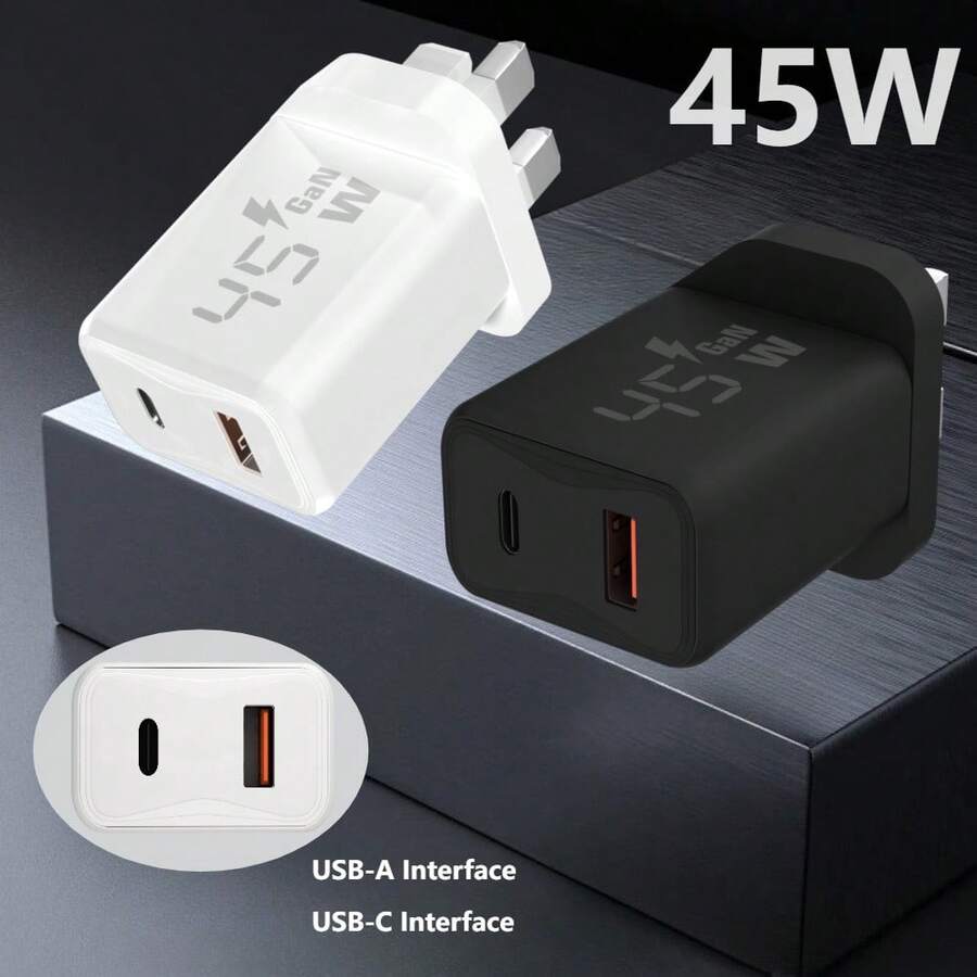 UK Plug USB Fast Charger, 45W USB C Power Adapter Plug, GaN/ Quick Charge Wall Charger Block, 2 Port Power Adapter Fast Charging For IPhone/Android Phones, Mobile Phones /Cameras MP3 And More Devices - View 1