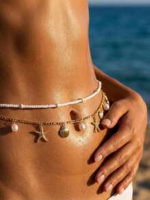 2 buc. Lanț de talie cu pandantiv din perle și scoici, stil boem, lanț de corp sexy cu perle și scoici, potrivit pentru femei, vacanță la plajă, călătorii, accesorii pentru întâlniri, cel mai bun cadou de vară pentru ea, cadou (cantitate aleatorie de perle) - Aur - Vizualizare 2