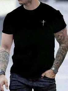 Nueva camiseta de hombre para otoño-invierno, de manga corta con cuello redondo, ideal como prenda básica. Con diseño holgado y estampado moderno de estilo casual y deportivo, hecha con materiales de alta calidad, te brinda comodidad y una sensación agradable. - Negro - Ver 1