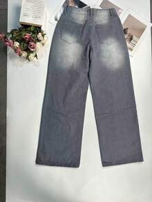 Women's Y2K Washed Vintage Wide Leg Jeans, Casual Vacation Style Spring - Gray - View 6