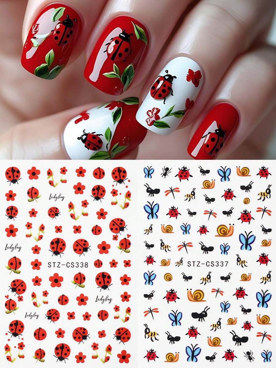 2pcs Cute Ladybug, Ant, Snail Mini Insect Nail Art Stickers, Colorful Cartoon , Butterflies, Dragonflies Nail Decals For DIY Manicure, Spring/Summer