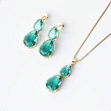 Luxury Gold Semi-Jewelry Kit With Earring, Chain And Double Drop Pendant In Zirconia – 18k Gold Plated - Đá Tourmalin - Xem 2