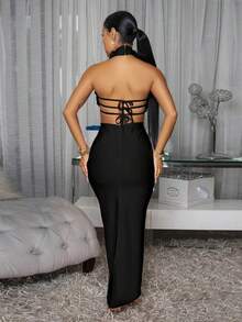 Women's Dresses Are Fashionable And Elegant, Solid Colors, Sexy Halterneck, Large Flower Decorations, Fresh And Artistic Sense Hip-Hugging Evening Dresses - màu đen - Xem 2