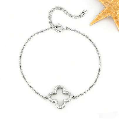 四叶草手链，锆石手链，银色，简约首饰，斋月礼物，开斋节快乐，迪拜风格，日常佩戴，婚礼首饰
