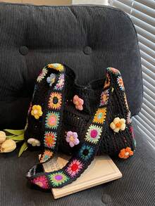 Fashionable And Best-Selling Bohemian Style Colorful Crossbody Bag, Made With Hollow Weaving Technique, Grandma's Plaid Crochet Pattern, Vintage Handmade Feel And Summer Vibe. Large Capacity, Suitable For Commuting, Beach Vacation Or Music Festival., Boho - 黑色 - 查看 8