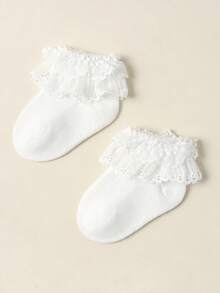 1 Pair Spring/Summer Girls' Socks, Candy Color Princess Style Fresh Double-Layer Lace Socks, Breathable Mesh Soft Short Socks, Fashion , Soft & Comfortable, Casual Versatile Suitable For Home, Outings, Dance Performances, Holidays, Back To School, Valentine's Day - White - View 5