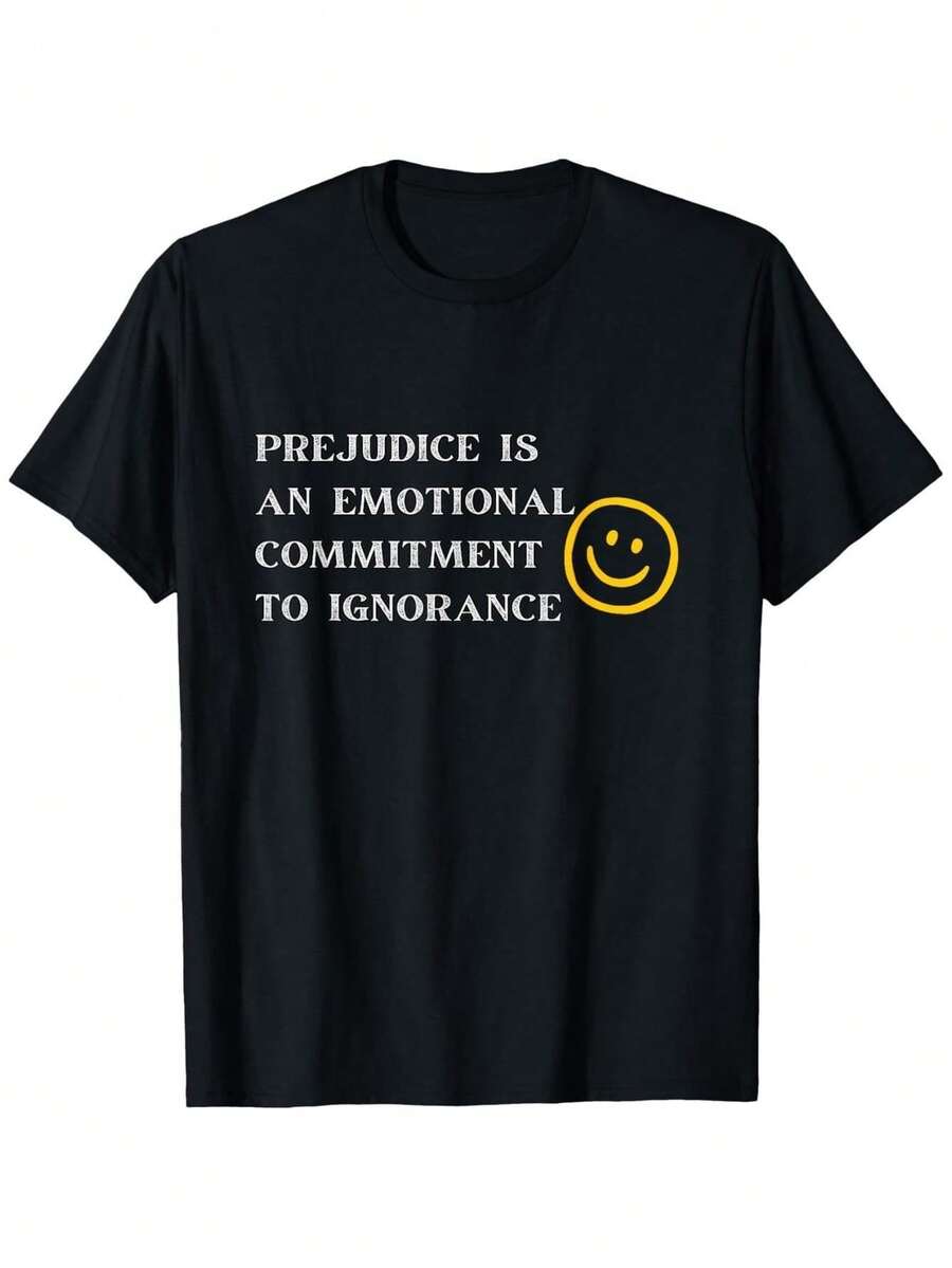 Men's "Prejudice Is An Emotional Commitment To Ignorance" Statement T-Shirt - Heavyweight 180gsm Soft Fabric, Bold White Print Social Justice Slogan, Unisex Fit (S-XXXL), Machine Washable Casual Protest Apparel For All-Season Wear, PLUS SIZE - 黑色 - 查看 1