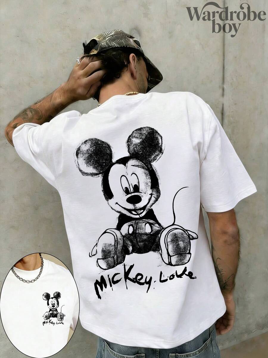 Disney Printed T-Shirt,Disney Sketch Mickey Print Short-Sleeve T-Shirt,Suitable For All Seasons, Comfortable And Breathable| Exquisite Design | The Best Choice For Giving Gifts - 白色 - 查看 1